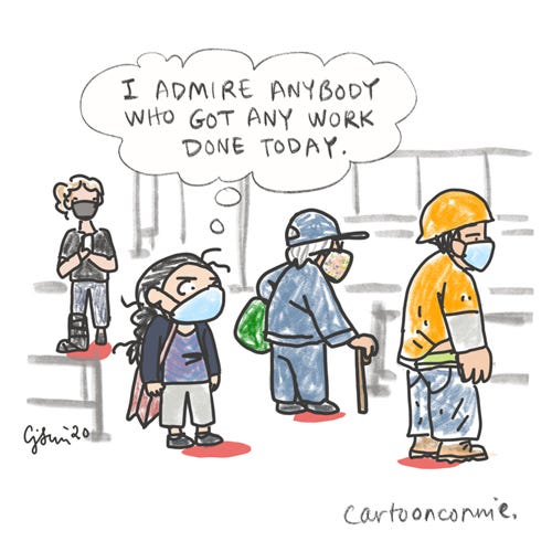 cartoon of figure wearing a mask and standing in line at a bank, nyc sketchbook, drawing, slice-of-life, illustration, by connie sun, cartoonconnie, creative practice