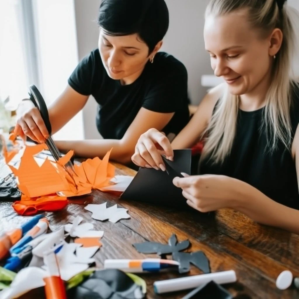 2 lesbians making paper halloween decorations using scissors