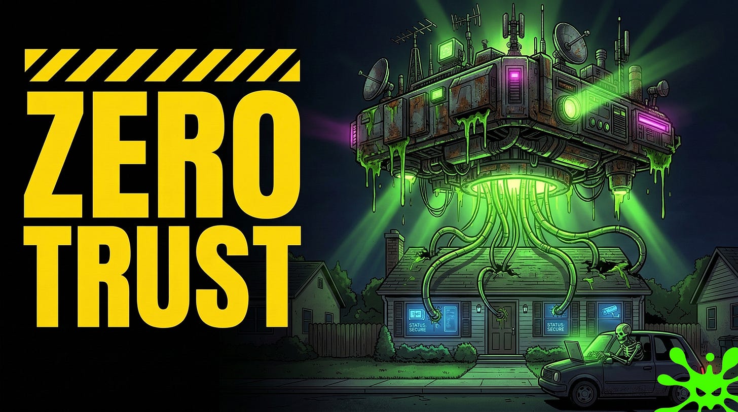 Evil twin WiFi attack — attacker laptop cloning home network curbside, Bettercap terminal, IoT devices hijacked, NAS root via CVE-2026-24061