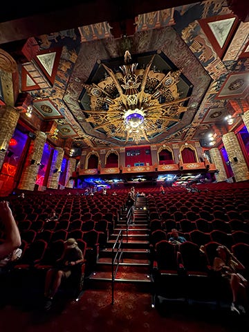 Photos of interiors and exteriors of historic theaters on Broadway in Los Angeles