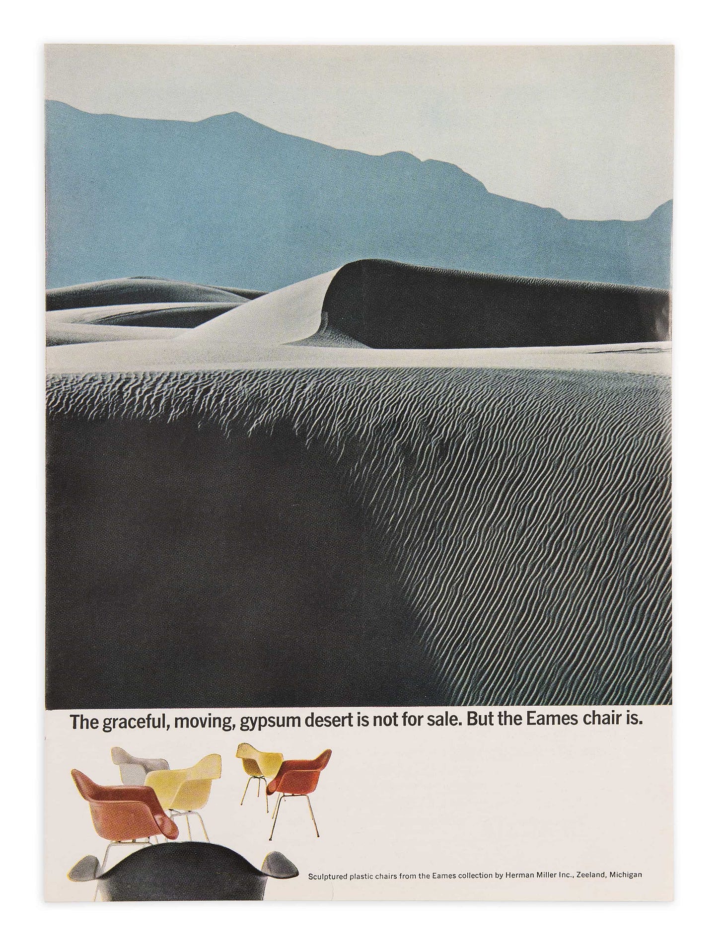 In a typical humorous fashion Herman Miller advertises the Eames plastic arm chairs with a Gypsum desert as backdrop