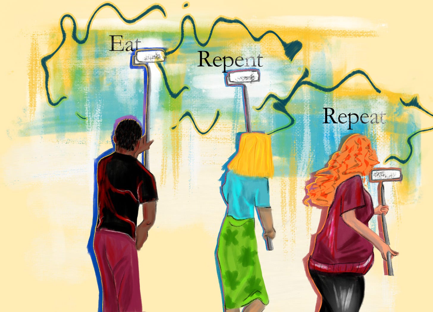 An illustration of three people painting over the text: "Eat, Repent, Repeat".