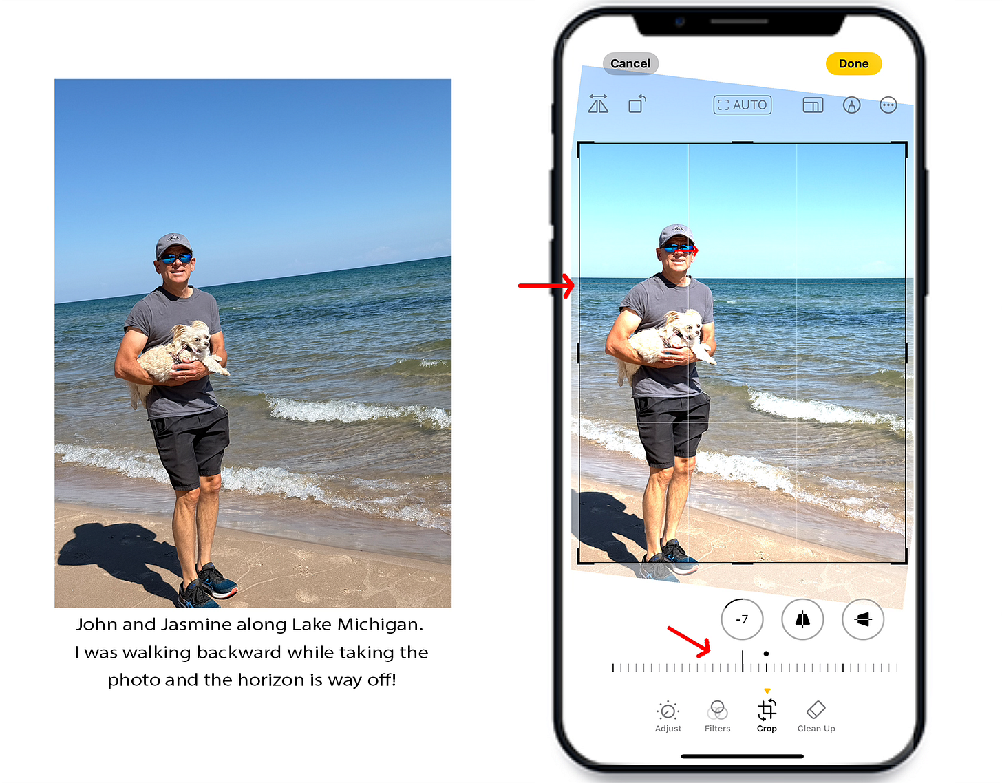 Two images of slanted horizon and how to use the crop tool to fix it