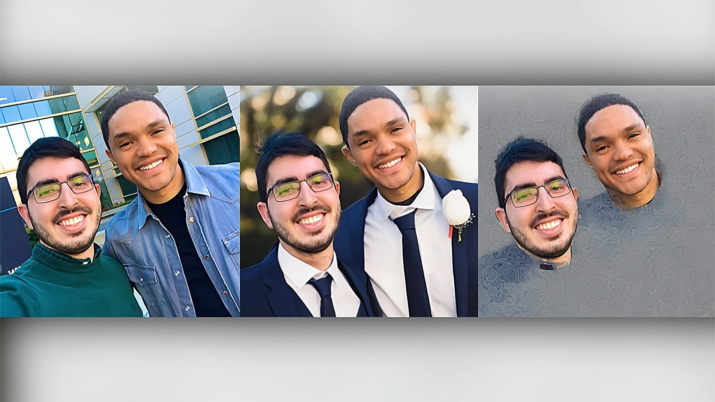 An image of two men and how AI masks area surrounding their heads, preventing utilizing data of their faces.