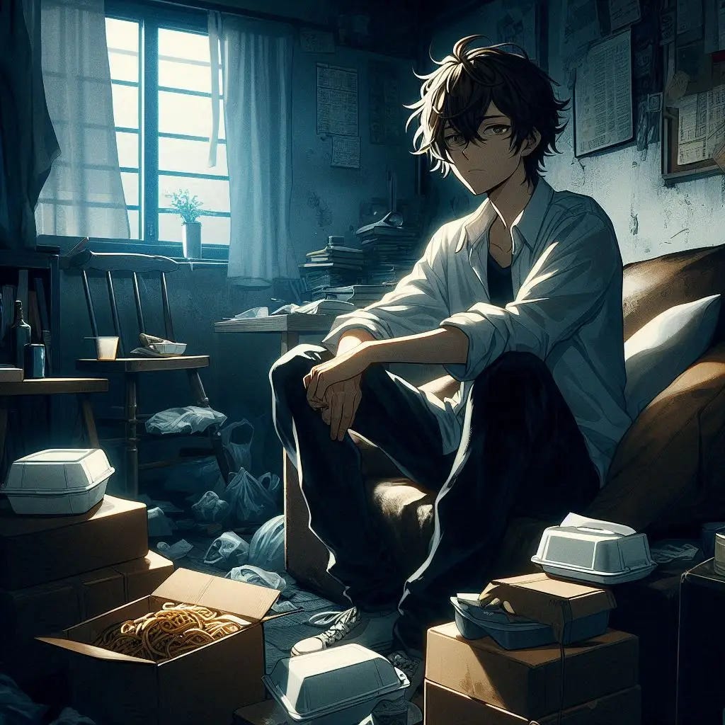 A young man with brown hair sitting in his small crappy dark apartment. anime art style. dark.