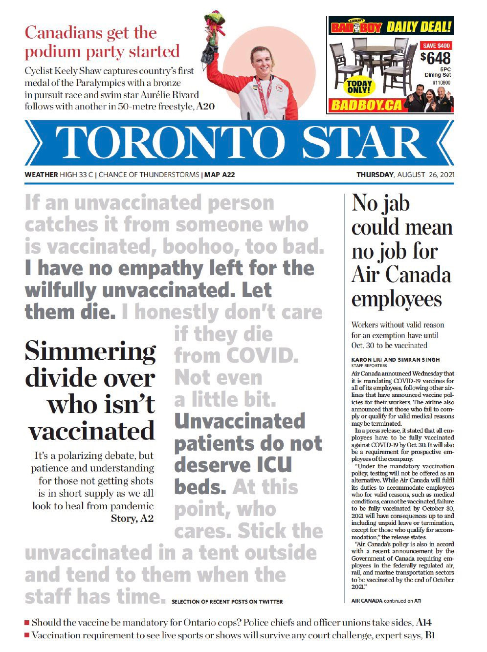 Toronto Star front page, August 26, 2021, displaying the headlines “I have no empathy left for the wilfully unvaccinated. Let them die” and “Unvaccinated patients do not deserve ICU beds”