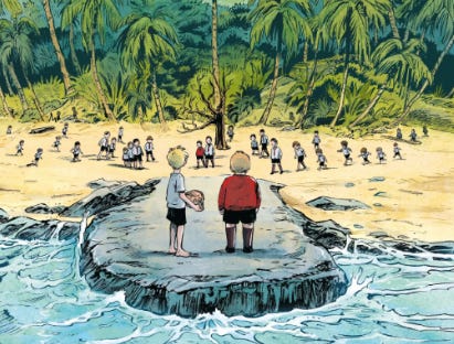 Illustration of boys standing on a rock in front of other boys on an island. One boy on rock is holding a conch and the other boy is a little overweight.