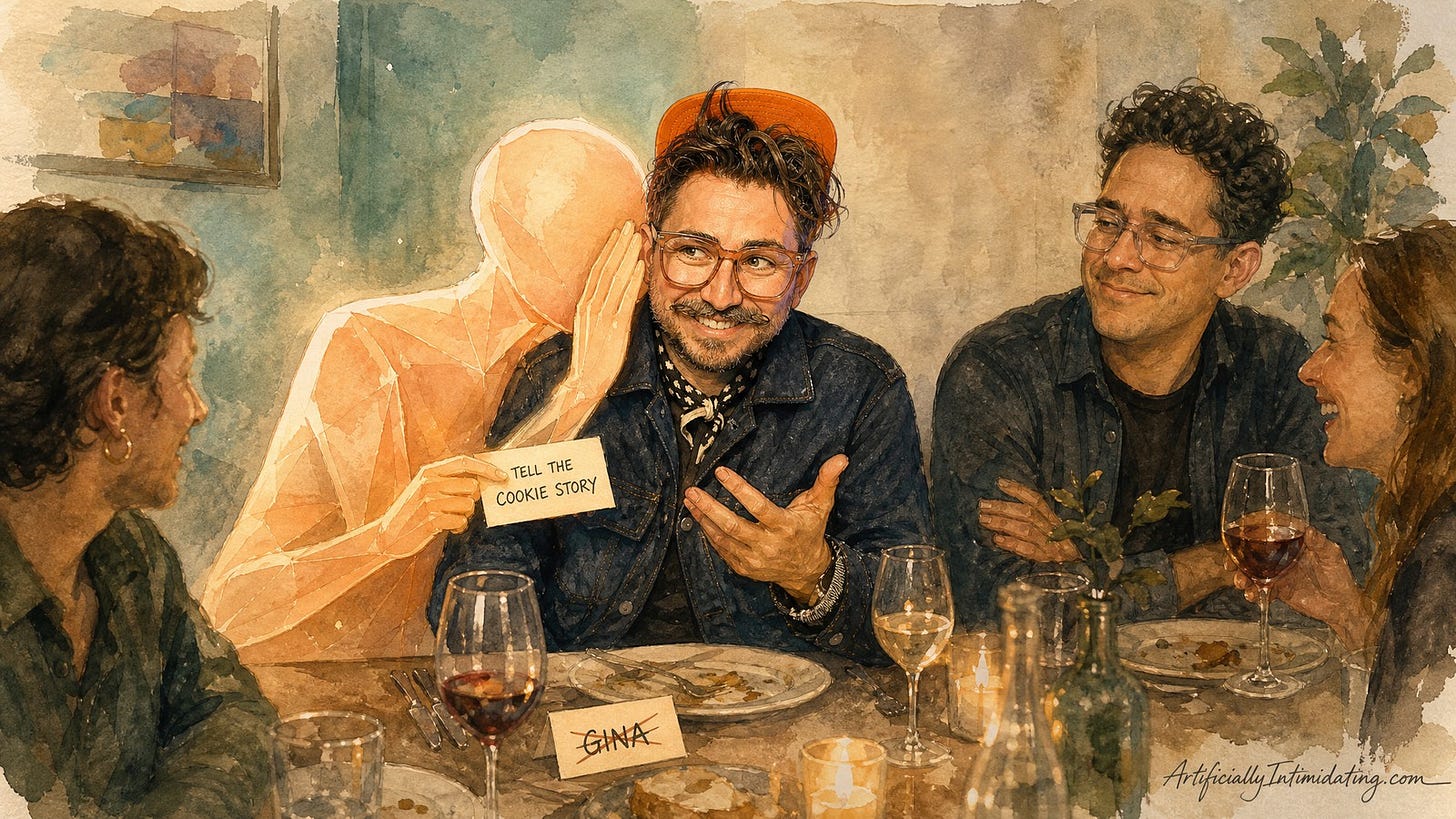 Watercolor illustration: at a candlelit dinner party, a glowing AI companion whispers in the host's ear and hands him a card reading TELL THE COOKIE STORY, while a crossed-out card reading GINA lies by his plate.