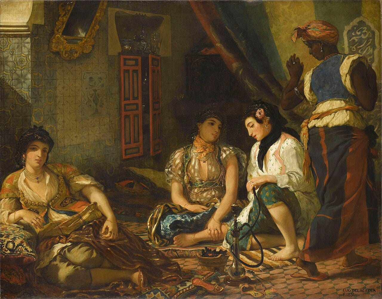 Delacroix painting of women seated in an interior in Algiers among red and gold textiles Delacroix painting of women seated in an interior in Algiers among red and gold textiles
