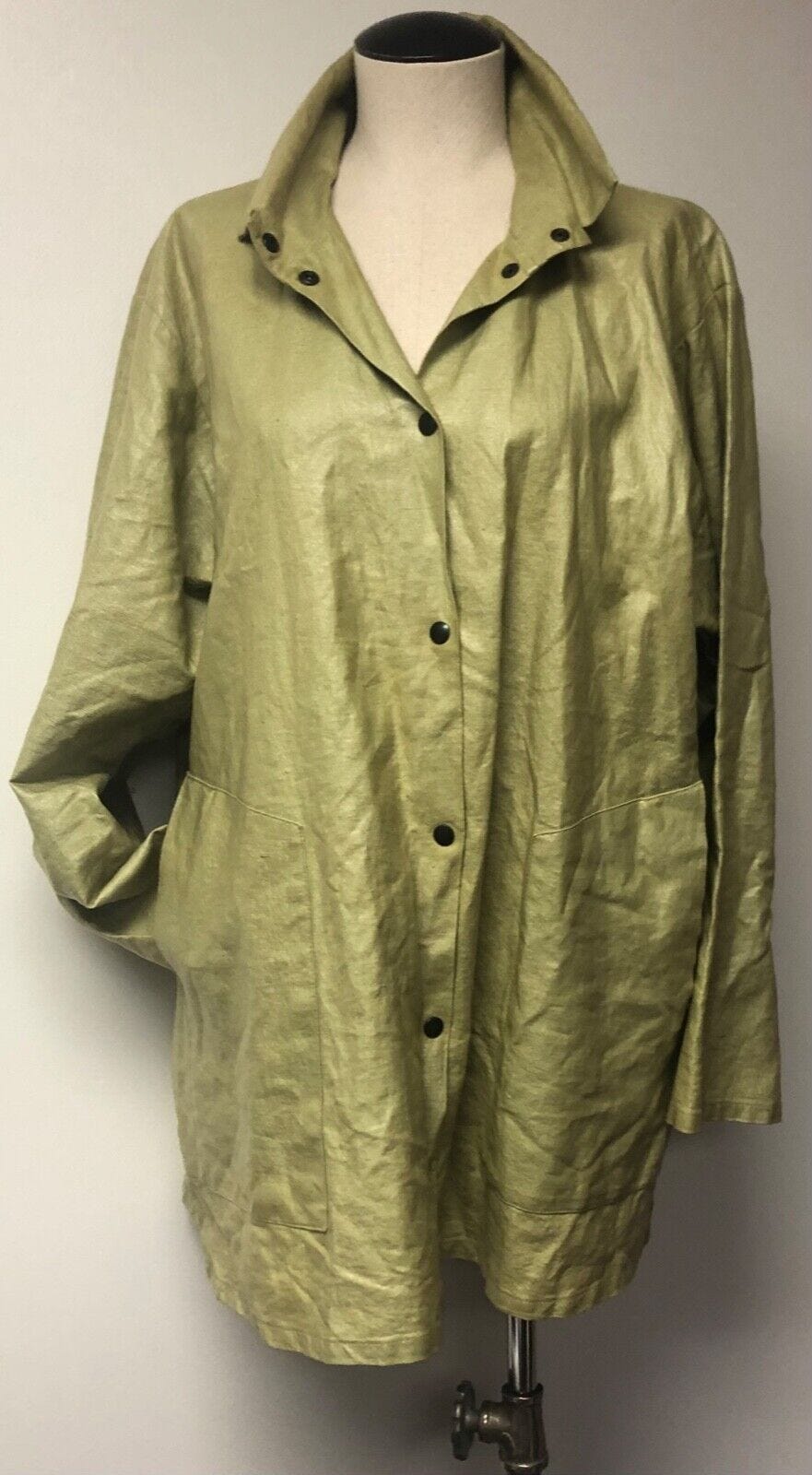 BABETTE SF ART 2 WEAR GREEN LAMINATED 100% LINEN FABRIC SNAP FRONT JACKET/COAT M - Picture 1 of 15