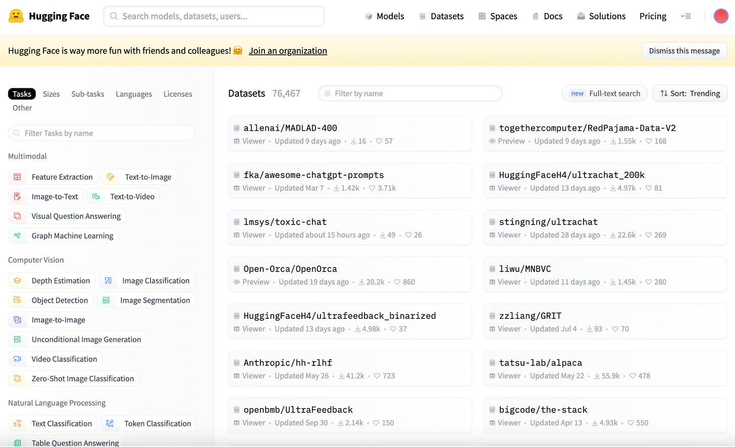 Screenshot of Hugging Face Datasets main view. Screenshot of Hugging Face Datasets main view.