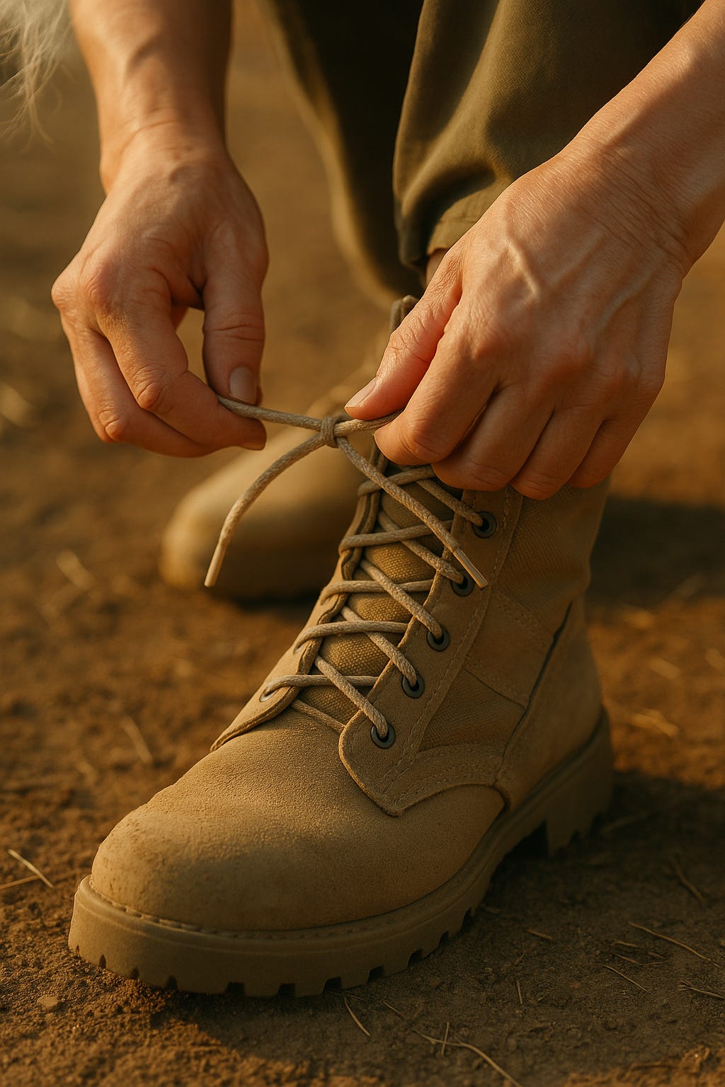 A close-up of a woman’s weathered hands lacing up worn tan combat boots in soft golden light, symbolizing resilience, faith, and perseverance through experience.