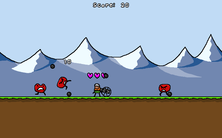 A screenshot of a game about a bearded man and a cannon. The man has limited health and has to load cannonballs into the cannon. The cannon can shoot the enemies.