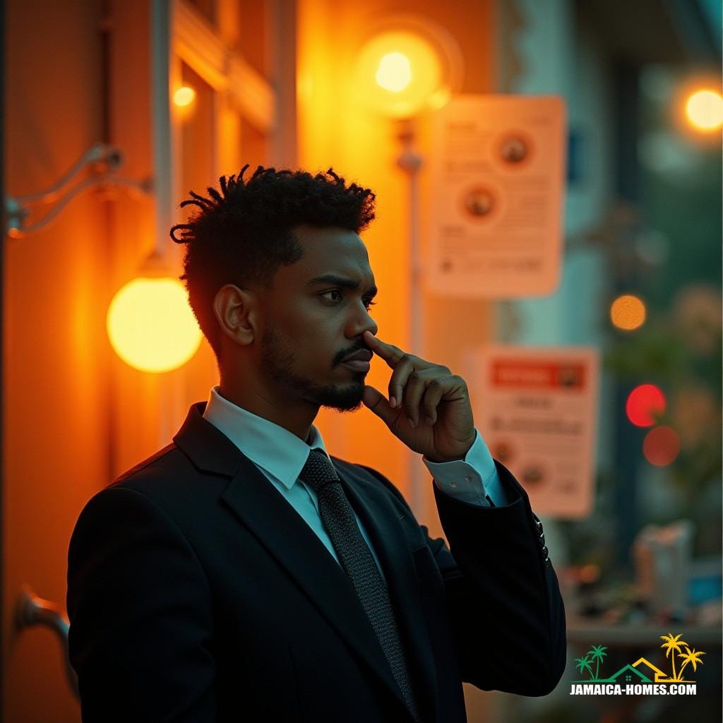 A thoughtful foreigner, dressed in business attire, standing in front of a vibrant Jamaican cityscape, pondering their career path, surrounded by faint outlines of real estate listings and documents, with a subtle hint of a puzzled expression. The atmosphere is contemplative, with warm, golden cinematic lighting casting a glow on the subject's face, as if illuminated by the setting sun.