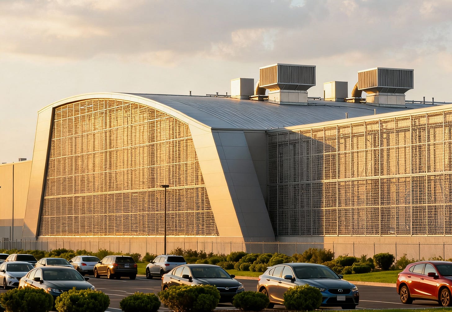 Large data center building exterior with curved and angled design, metal mesh facade, rooftop ventilation, parking lot, and landscaped surroundings.