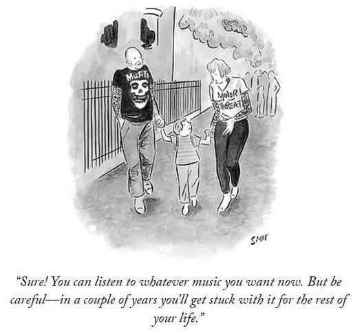 May be an illustration of text that says 'ひえしし MuFiTs MaDoR THREAT riMS "Sure! You can listen to whatever music you want now. But be careful-in a couple of fyears you'll get stuck with it for the rest of youT life."'