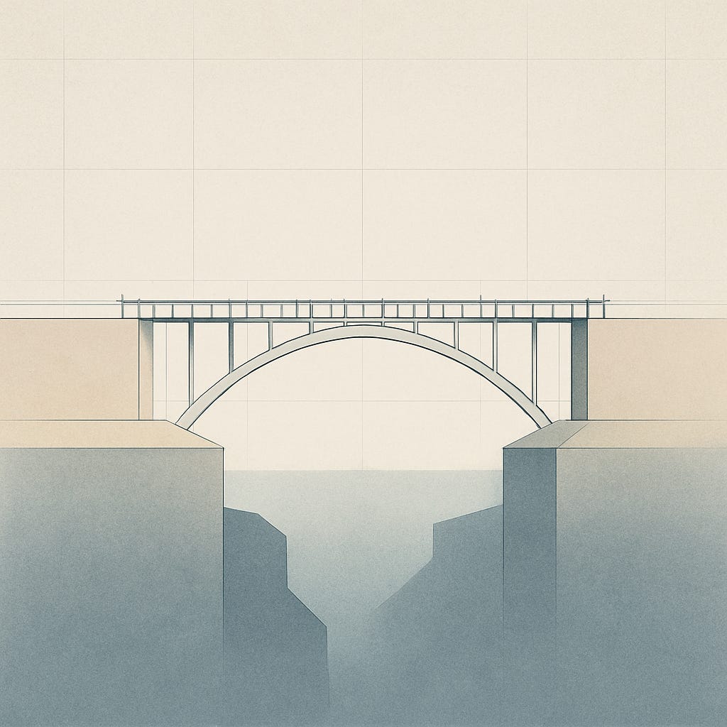 A minimalist illustration of a precise, geometric bridge spanning a deep chasm, with clean lines, symmetrical design, and a calm, grid-like background in muted cool tones.
