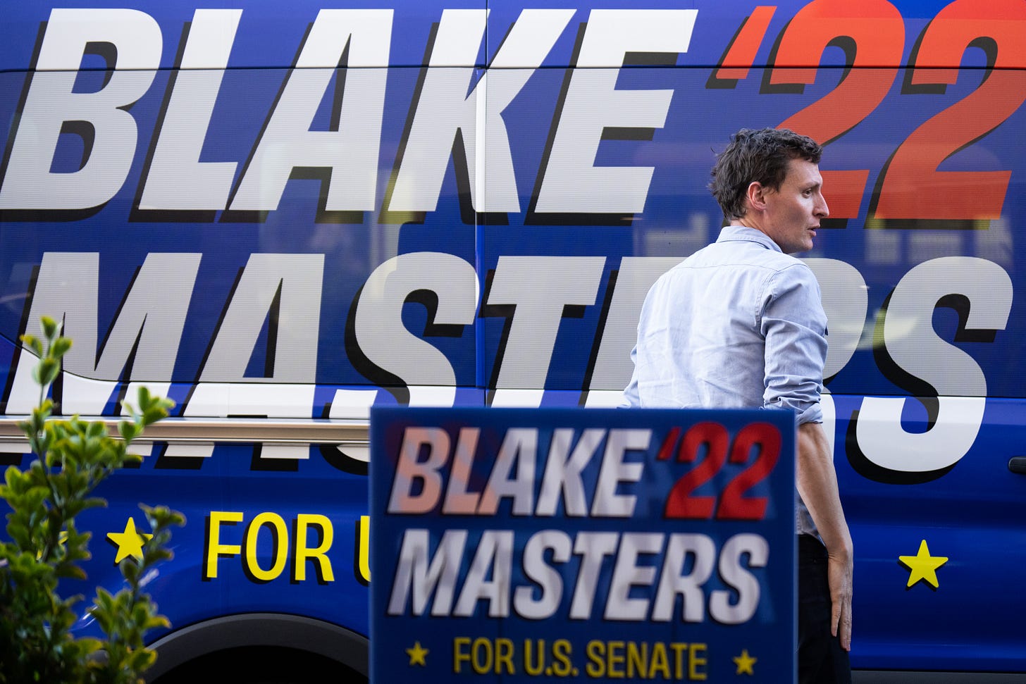 Republican Senate candidate Blake Masters arrives for his town hall event at Miss Kittys Steak House in Williams, Ariz., on Wednesday, July 6, 2022. (Bill Clark/CQ-Roll Call, Inc via Getty Images). Republican Senate candidate Blake Masters arrives for his town hall event at Miss Kittys Steak House in Williams, Ariz., on Wednesday, July 6, 2022. (Bill Clark/CQ-Roll Call, Inc via Getty Images).