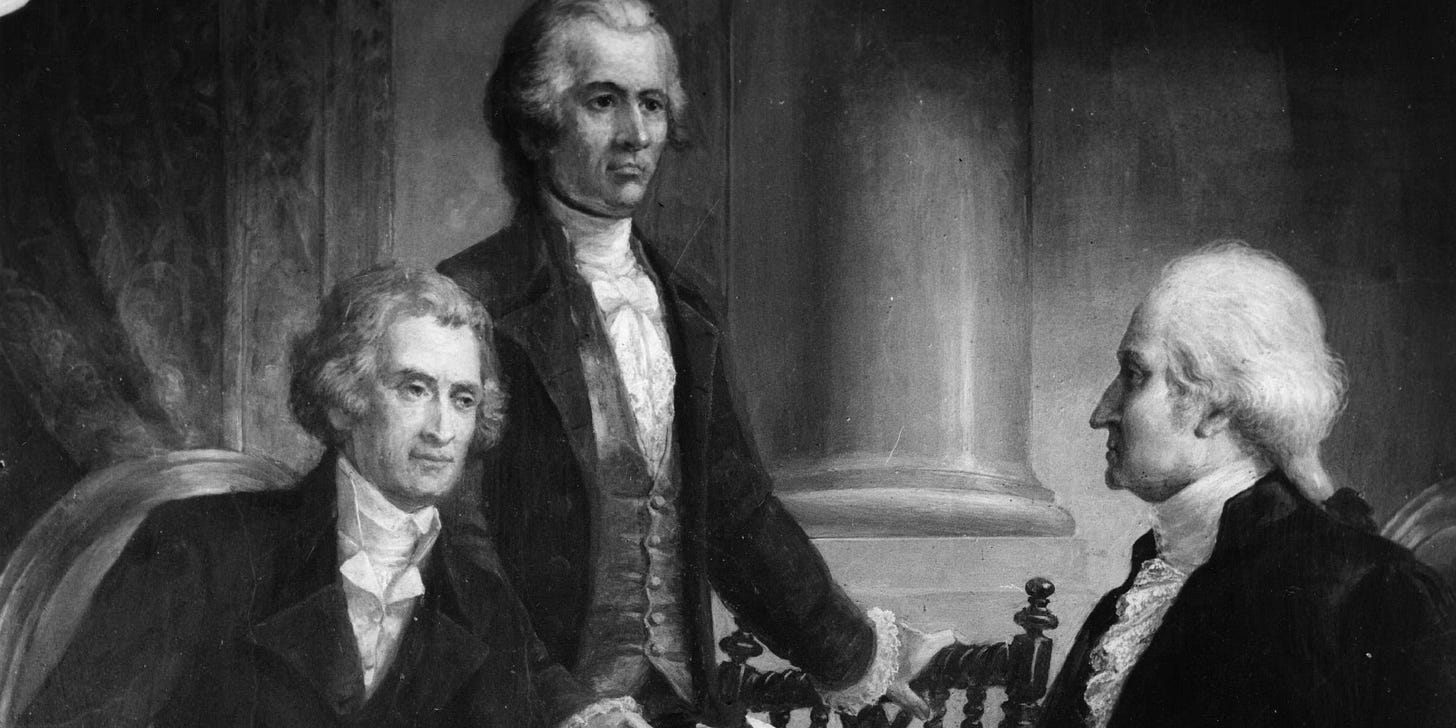 circa 1795: The 1st President of the United States, George Washington (1732 - 1799) in consultation with members of his first cabinet; Secretary of State Thomas Jefferson (seated), later the 3rd President and Secretary of the Treasury and co-author of the Federalist Papers, Alexander Hamilton.