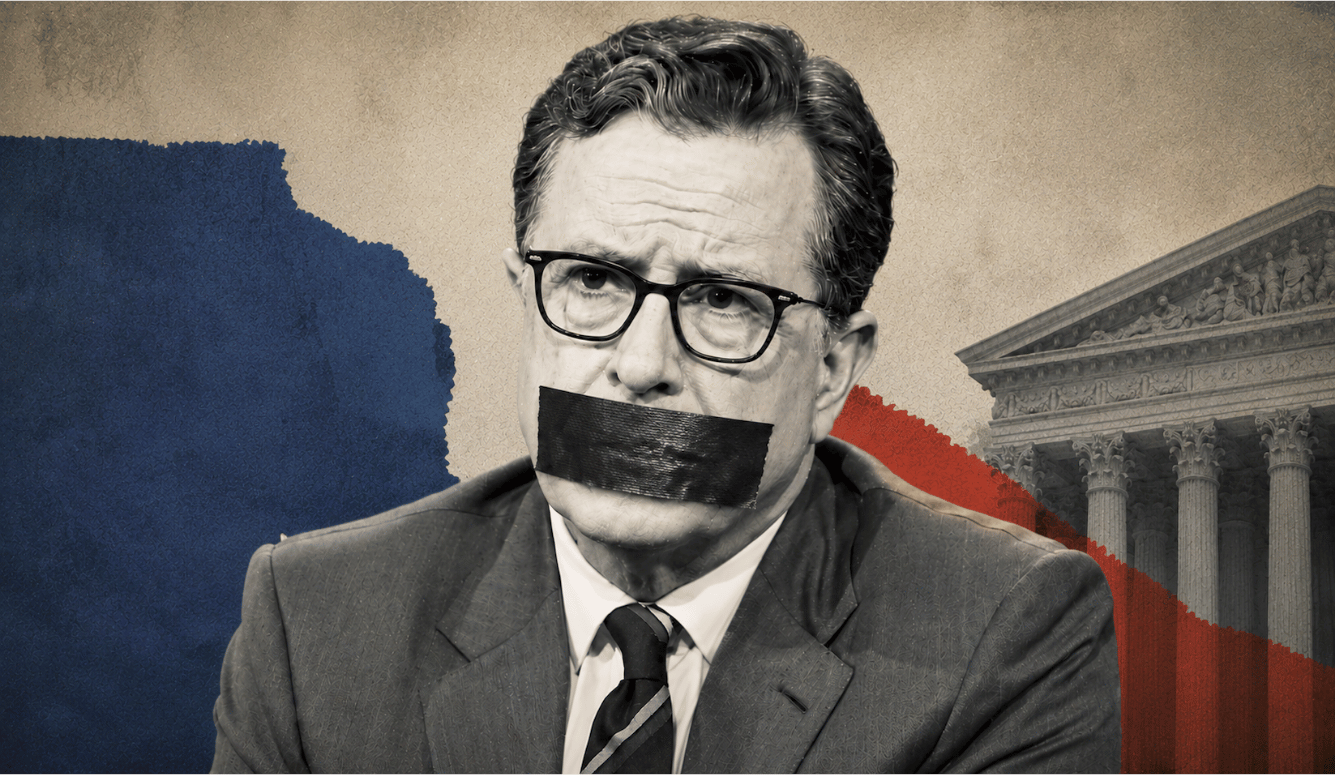 Stephen Colbert with black tape over his mouth, set against a torn paper background with the US Supreme Court building visible on the right Stephen Colbert with black tape over his mouth, set against a torn paper background with the US Supreme Court building visible on the right