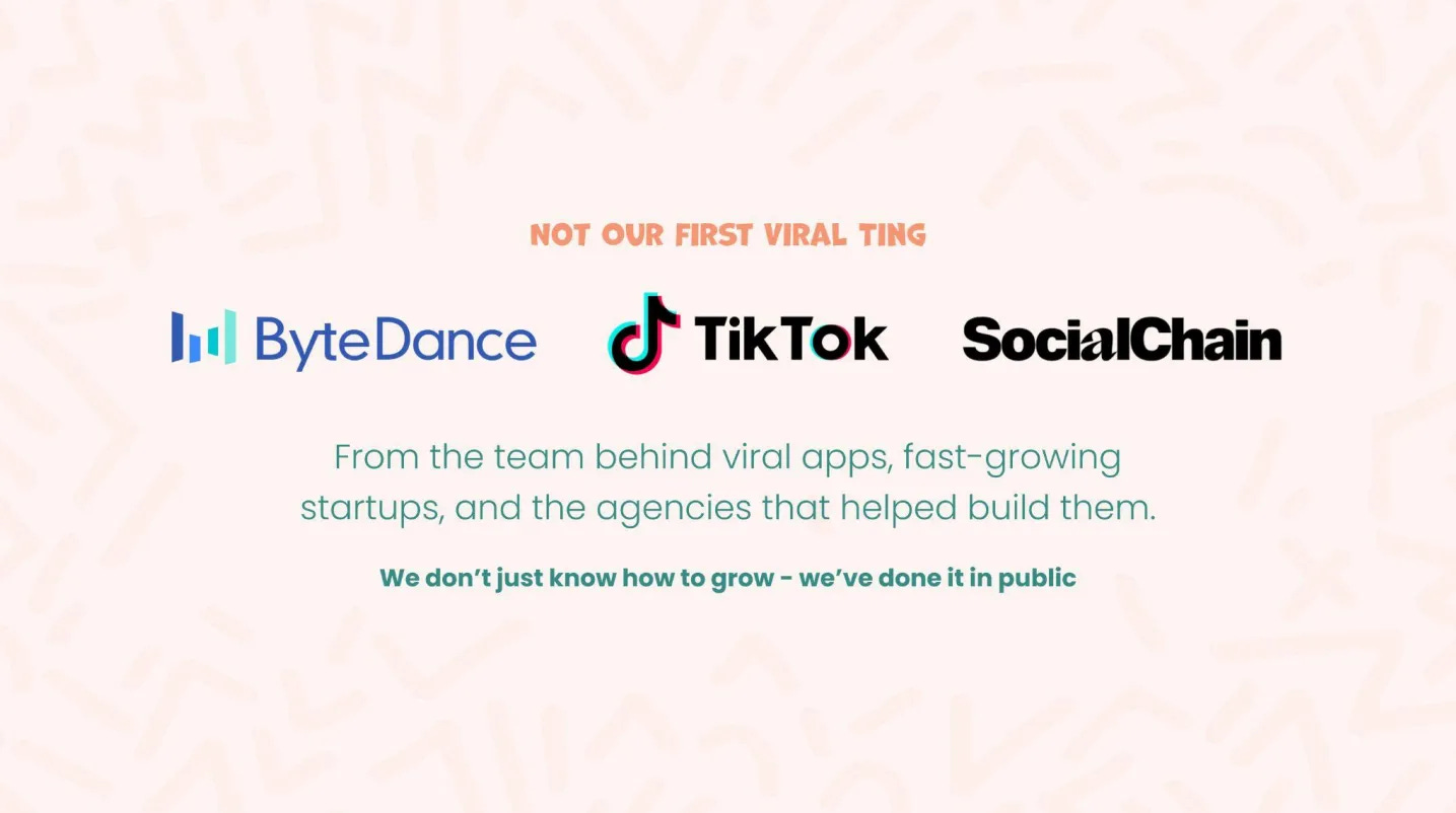 Slide showing logos of ByteDance, TikTok, and SocialChain, highlighting the founders’ experience with viral growth.