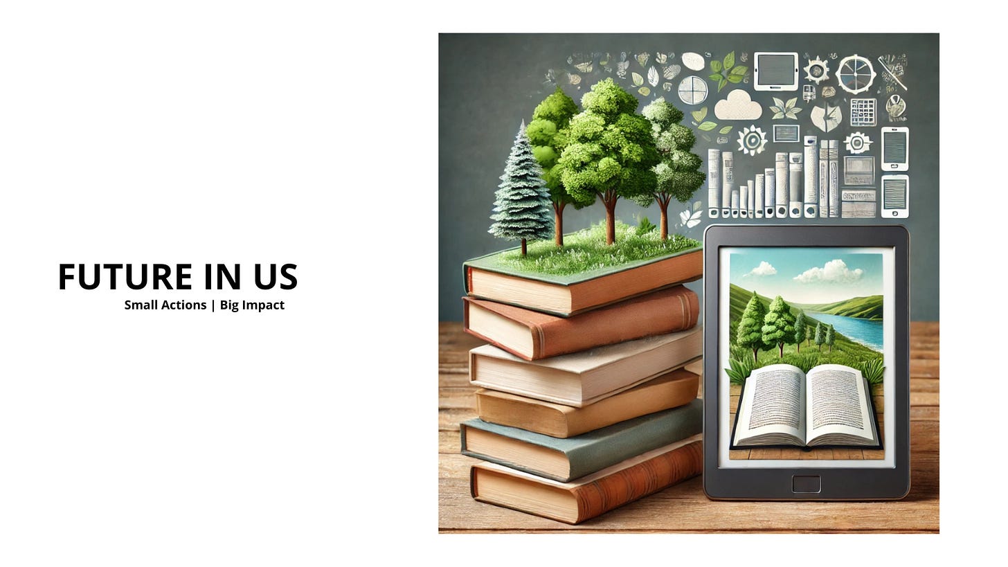 Creative visual comparing physical books and eBooks through a sustainability lens. Trees grow from traditional books while a digital reader displays a nature scene. This image highlights the debate over environmental impact in reading formats for the post 'Physical Books vs. eBooks: The Battle for Sustainability'