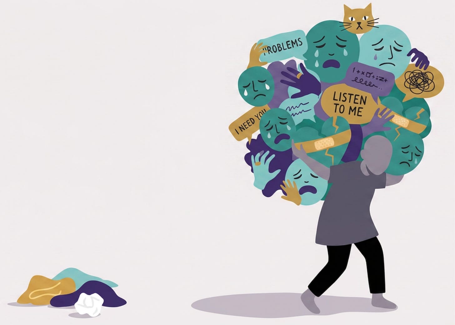 An illustration of a person carrying an overwhelming bundle of distressed faces, hands, and speech bubbles containing the words "Problems", "I need you", and "Listen to me", along with scribbled symbols suggesting complex thoughts. A small pile of discarded items lies on the ground nearby.