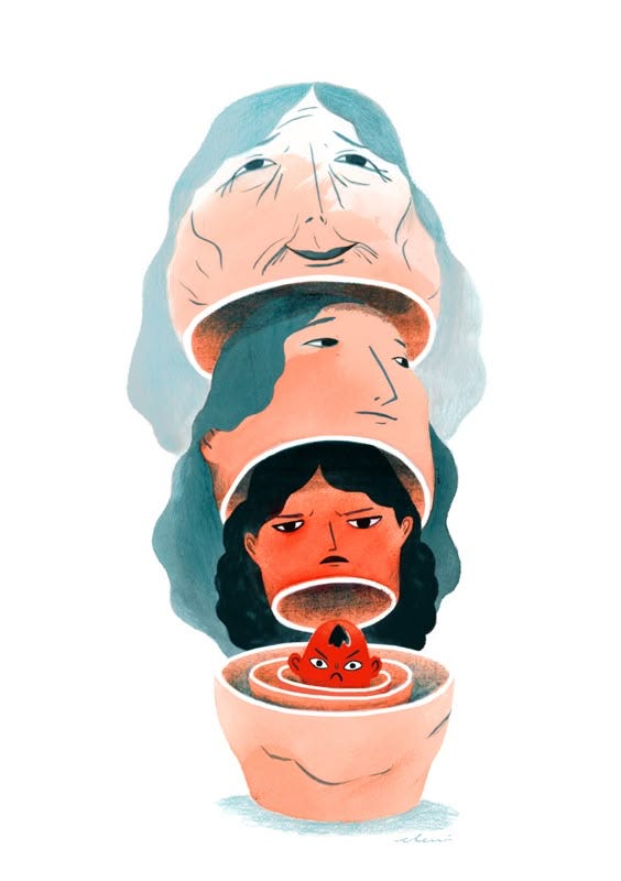 Russian nesting dolls depicting the aging face of a woman from an angry infant to a smiling elderly woman Russian nesting dolls depicting the aging face of a woman from an angry infant to a smiling elderly woman