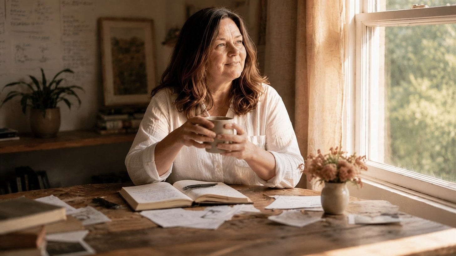 A woman sits at a warm wooden desk holding a cup of tea, looking thoughtfully out of a sunlit window surrounded by open notebooks and scattered papers, evoking quiet reflection and the idea of reconnecting with what already exists in your business.