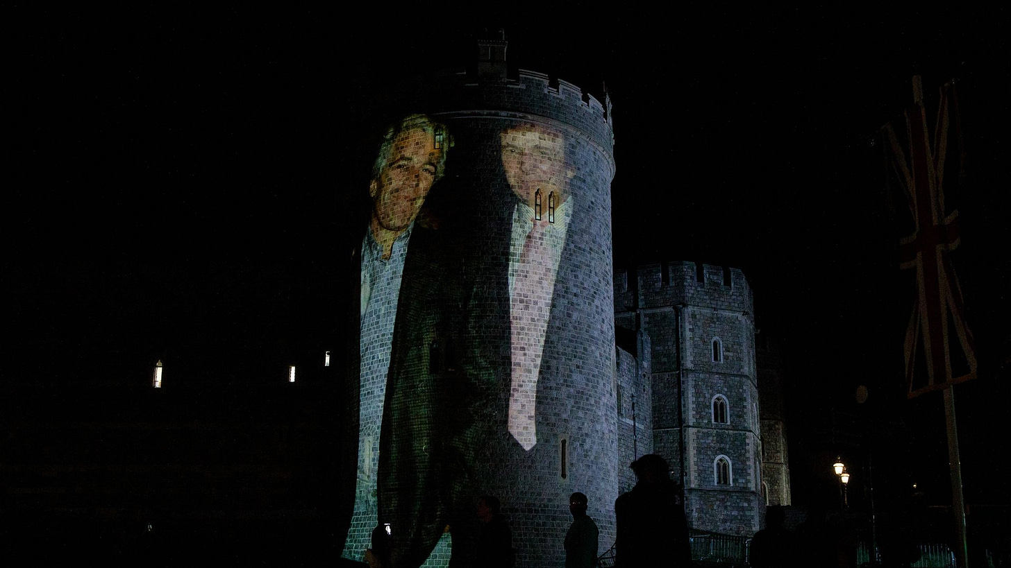 An image of Jeffrey Epstein and President Trump projected onto Windsor Castle  in Windsor, England, during the U.S. president's second state visit to the United Kingdom begins on Tuesday. 