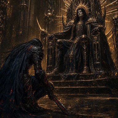 Death Knight Fleetwood kneeling before Clarion’s obsidian-and-gold throne, towering angular-faced warrior-cleric with long raven-black hair and blazing steel-blue eyes, Fleetwood in blackened armor veined with ember light, storm-blue torn cloak, ash-gray skin, crimson-rimmed eyes, throne hall of molten amber light and god-bone architecture, fully original faces