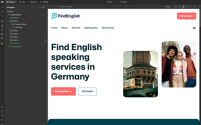 FindEnglish website design in Webflow editor highlighting services for English-speaking expats in Germany. FindEnglish website design in Webflow editor highlighting services for English-speaking expats in Germany.