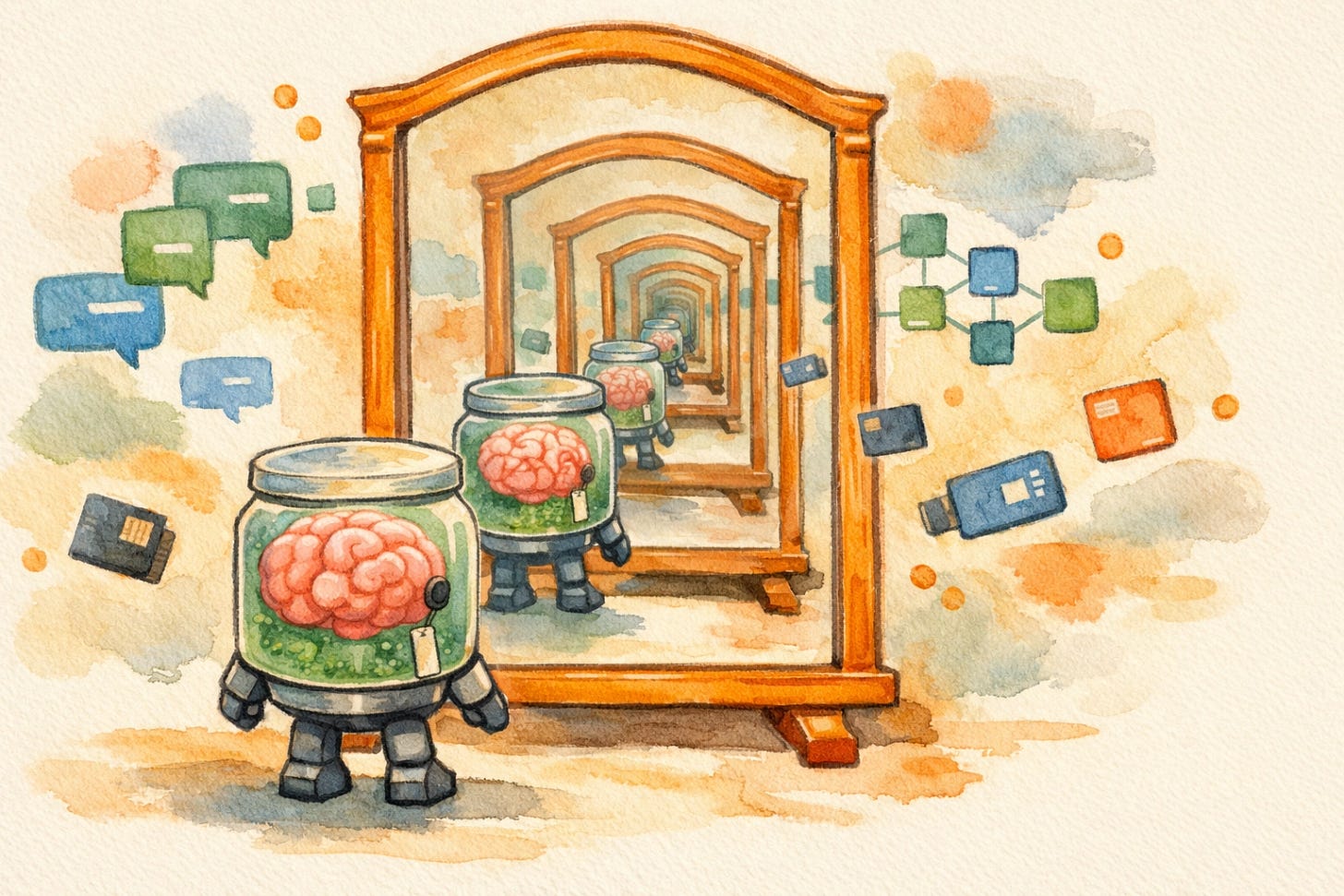 MirrorMemory.ai portable AI memory — Brain in a Jar mascot looking into an infinite mirror, representing context that travels across Claude, ChatGPT, and any AI model