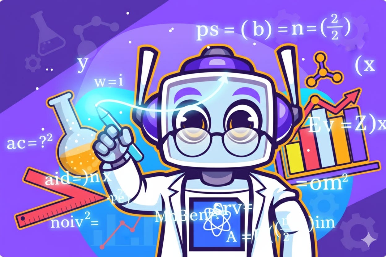 A rectangular image featuring the Neuralbuddy character, a light blue robot with purple accents and glasses, in a lab coat, tracing glowing equations in mid-air with a stylus. The background is a vibrant purple and blue gradient with scientific elements like beakers, molecular structures, and bar graphs