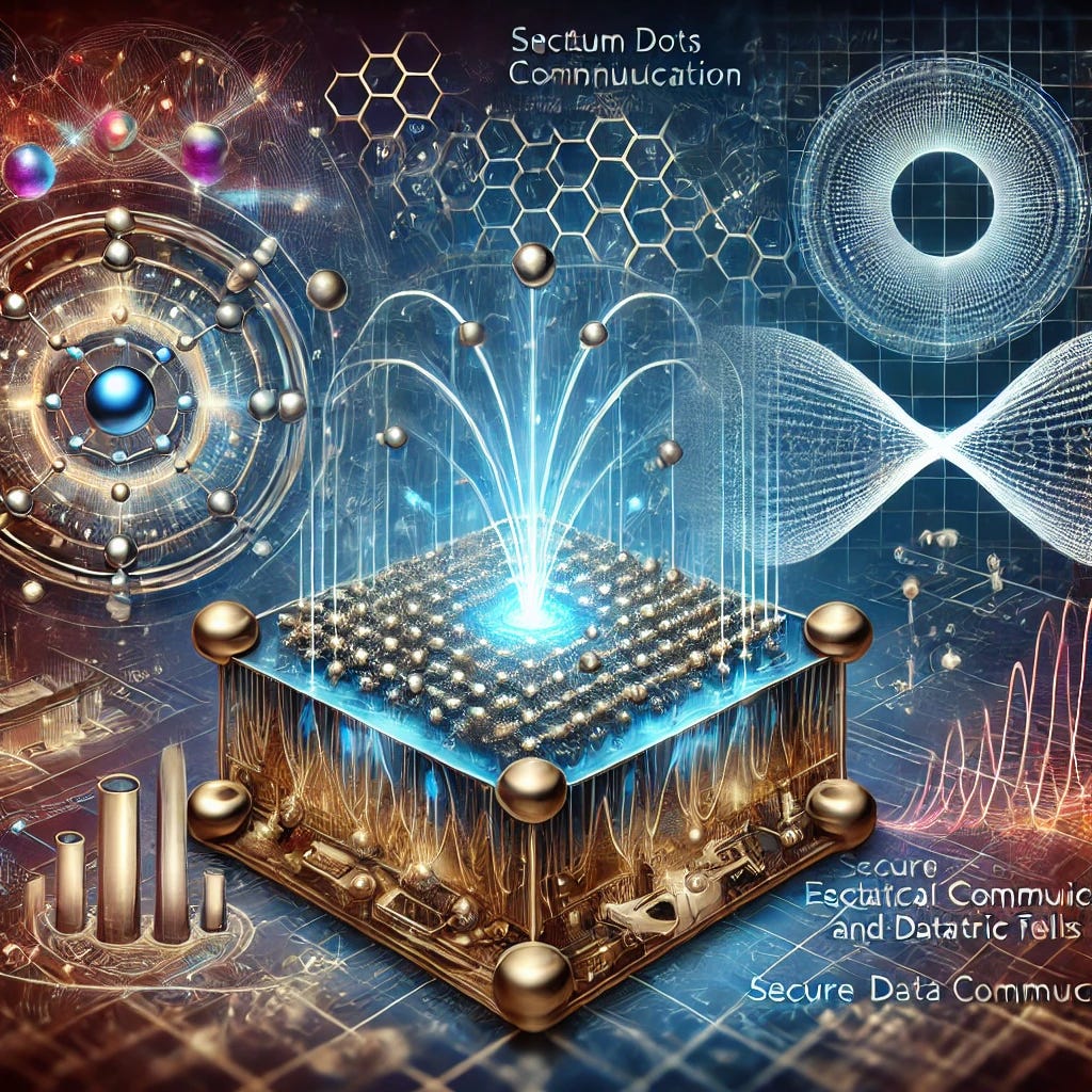 A detailed illustration showing quantum structures like quantum dots and wells influenced by external magnetic and electric fields. Visual elements include streams or waves representing electronic and optical properties being manipulated, highlighting secure data communication and data storage concepts. The background should convey a futuristic, high-tech environment with hints of quantum connections, signaling advancements in quantum technology. Scientific and visionary, with a focus on precision and innovation. A detailed illustration showing quantum structures like quantum dots and wells influenced by external magnetic and electric fields. Visual elements include streams or waves representing electronic and optical properties being manipulated, highlighting secure data communication and data storage concepts. The background should convey a futuristic, high-tech environment with hints of quantum connections, signaling advancements in quantum technology. Scientific and visionary, with a focus on precision and innovation.
