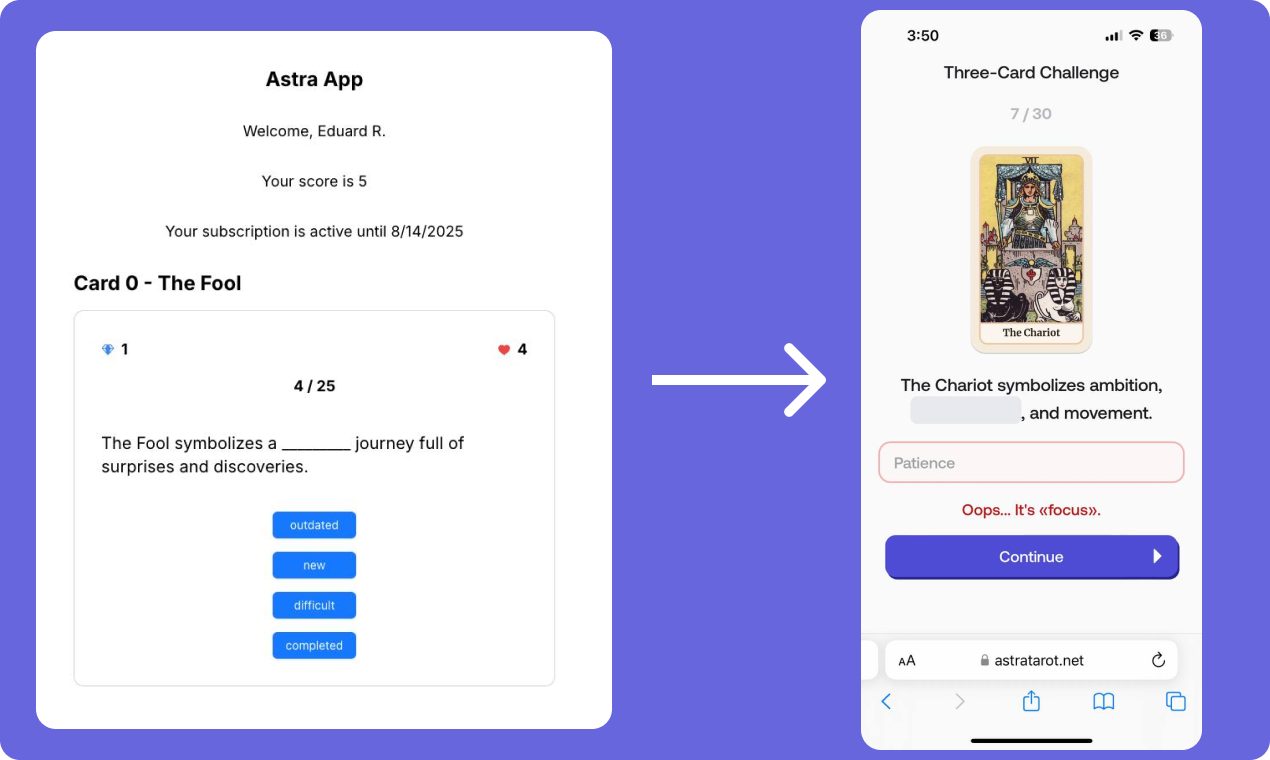 Two app screens showing the Three Card Challenge, with a question about The Fool and an answer about The Chariot. Two app screens showing the Three Card Challenge, with a question about The Fool and an answer about The Chariot.