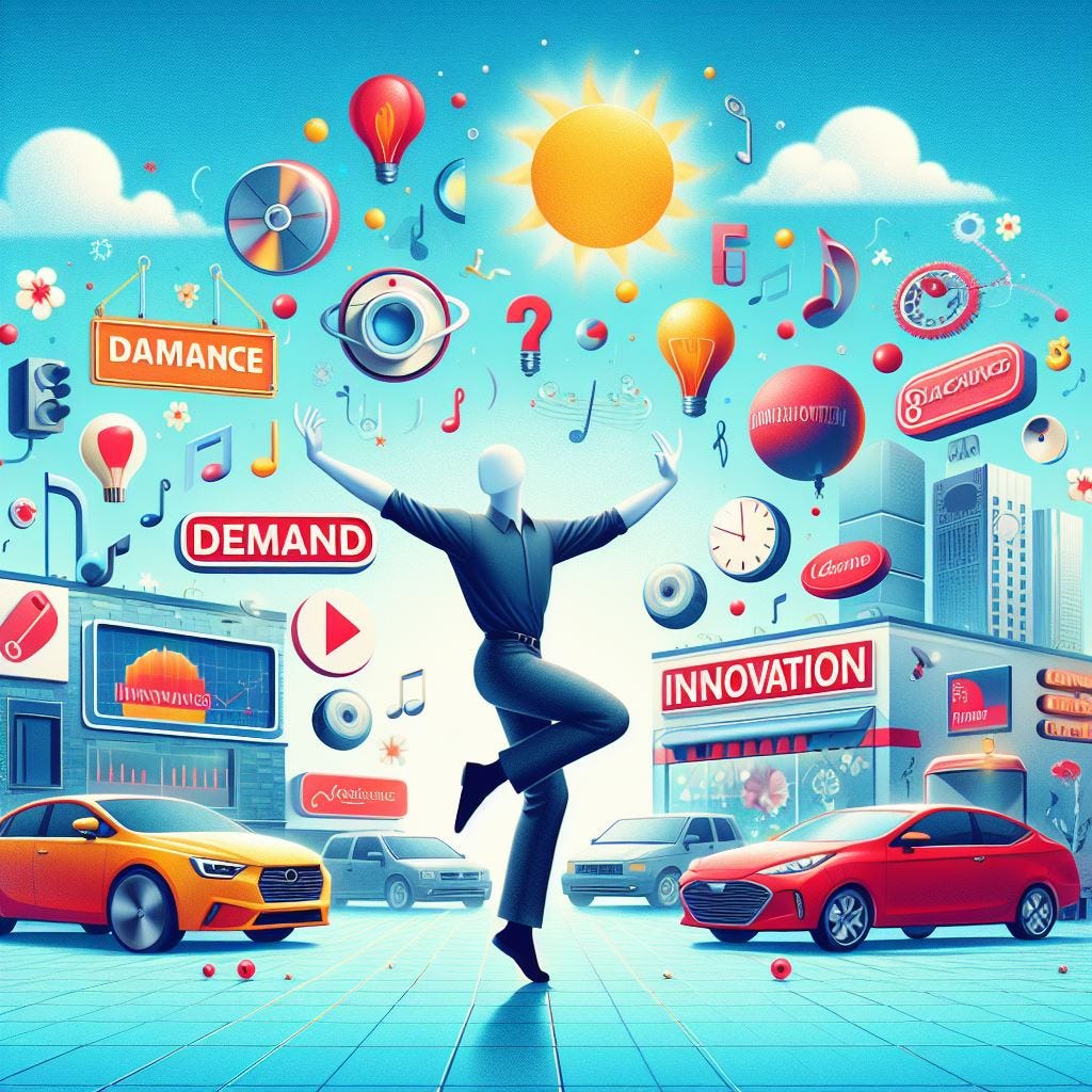 image to accompany a fun and engaging blog post about the dance of demand and innovation and the future.  digital art