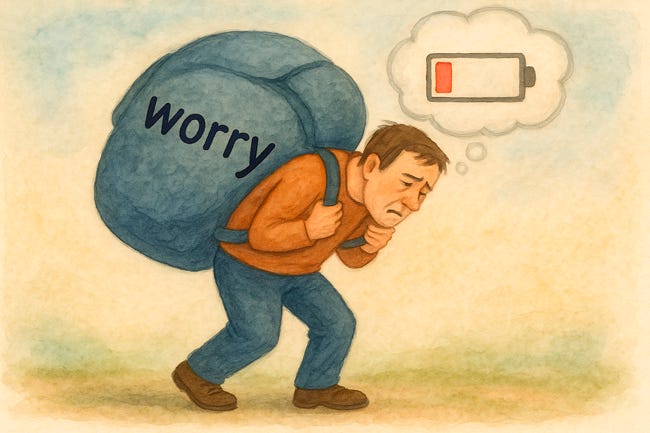 Watercolor painting of a tired man carrying a huge backpack labeled “worry,” with a thought bubble showing a low battery—symbolizing how worry drains energy and strength.