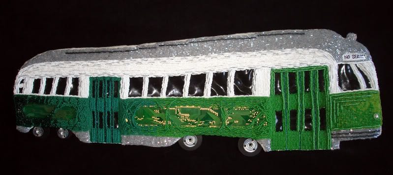 beaded Boston green line trolley mbta T bead embroidery pop art beadwork mixed media train artist beaded Boston green line trolley mbta T bead embroidery pop art beadwork mixed media train artist