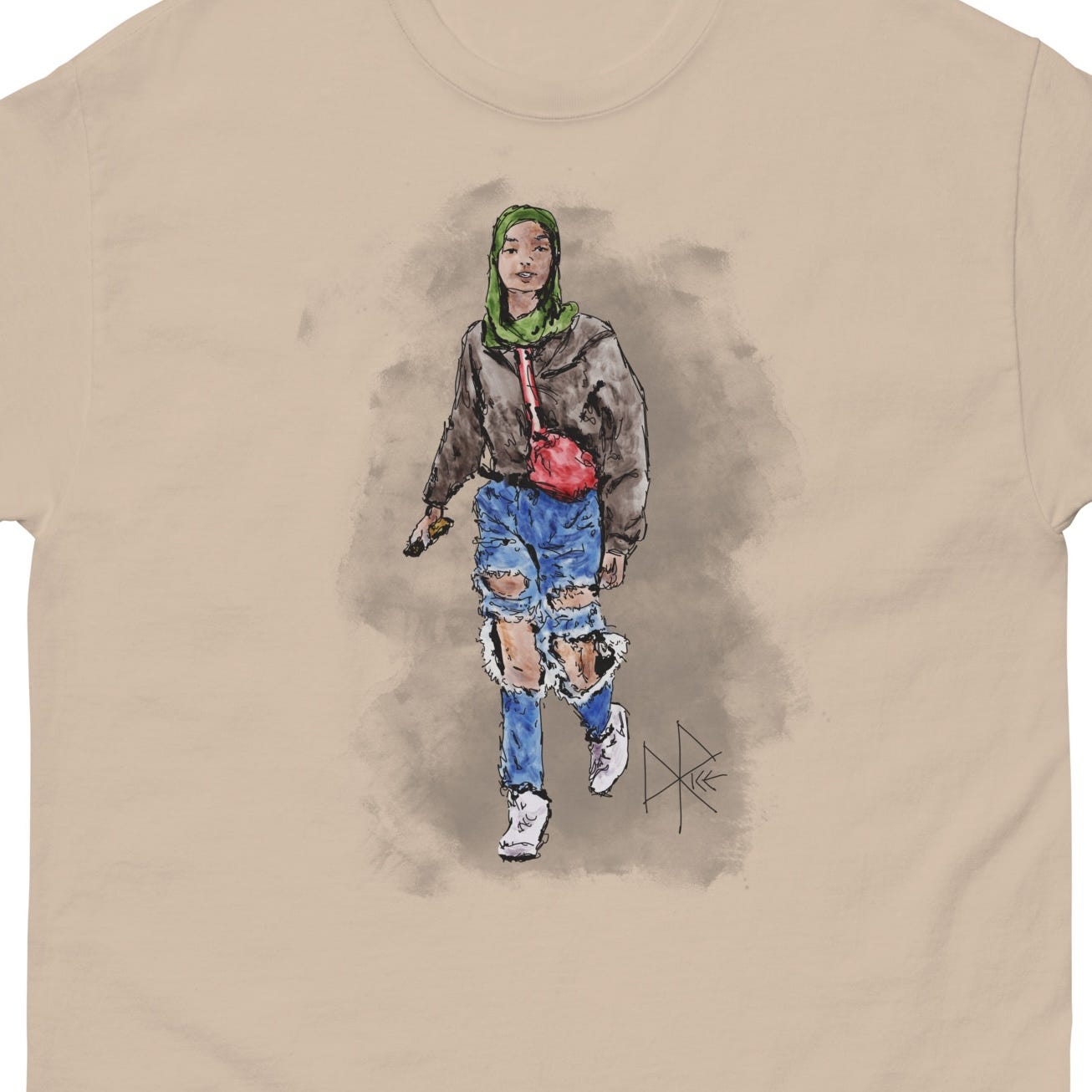 A young woman wearing a lightweight pale green hijab and very distressed jeans, on the move with her red crossbody bag and her phone in her hand. Sketch art by Don Rice. A young woman wearing a lightweight pale green hijab and very distressed jeans, on the move with her red crossbody bag and her phone in her hand. Sketch art by Don Rice.