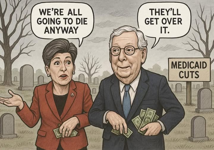 May be an image of 1 person and text that says 'WE'RE ALL GOING TO DIE ANYWAY THEY'LL GET OVER IT. MEDICAID CUTS LHla'