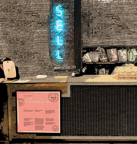 illustration of beacon's buying room. glowing sign depicted reads "sell" illustration of beacon's buying room. glowing sign depicted reads "sell"