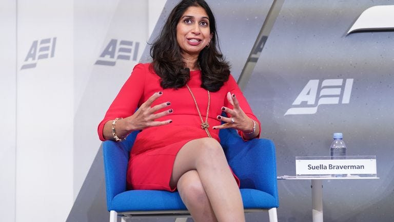 Home Secretary Suella Braverman delivers a keynote address on global migration challenges at the American Enterprise Institute in Washington DC, during her three-day visit to the US. Picture date: Tuesday September 26, 2023. PA Photo. See PA story POLITICS Braverman. Photo credit should read: Stefan Rousseau/PA Wire 