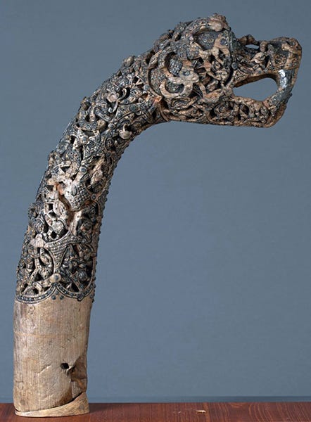 Animal head post found in burial mound near Tønsberg (Oseberg ship burial), 9th century, Oseberg style, wood and paint (no longer existing) (The Museum of Cultural History in Oslo; photo: Kirsten Helgeland, CC BY-SA 4.0)