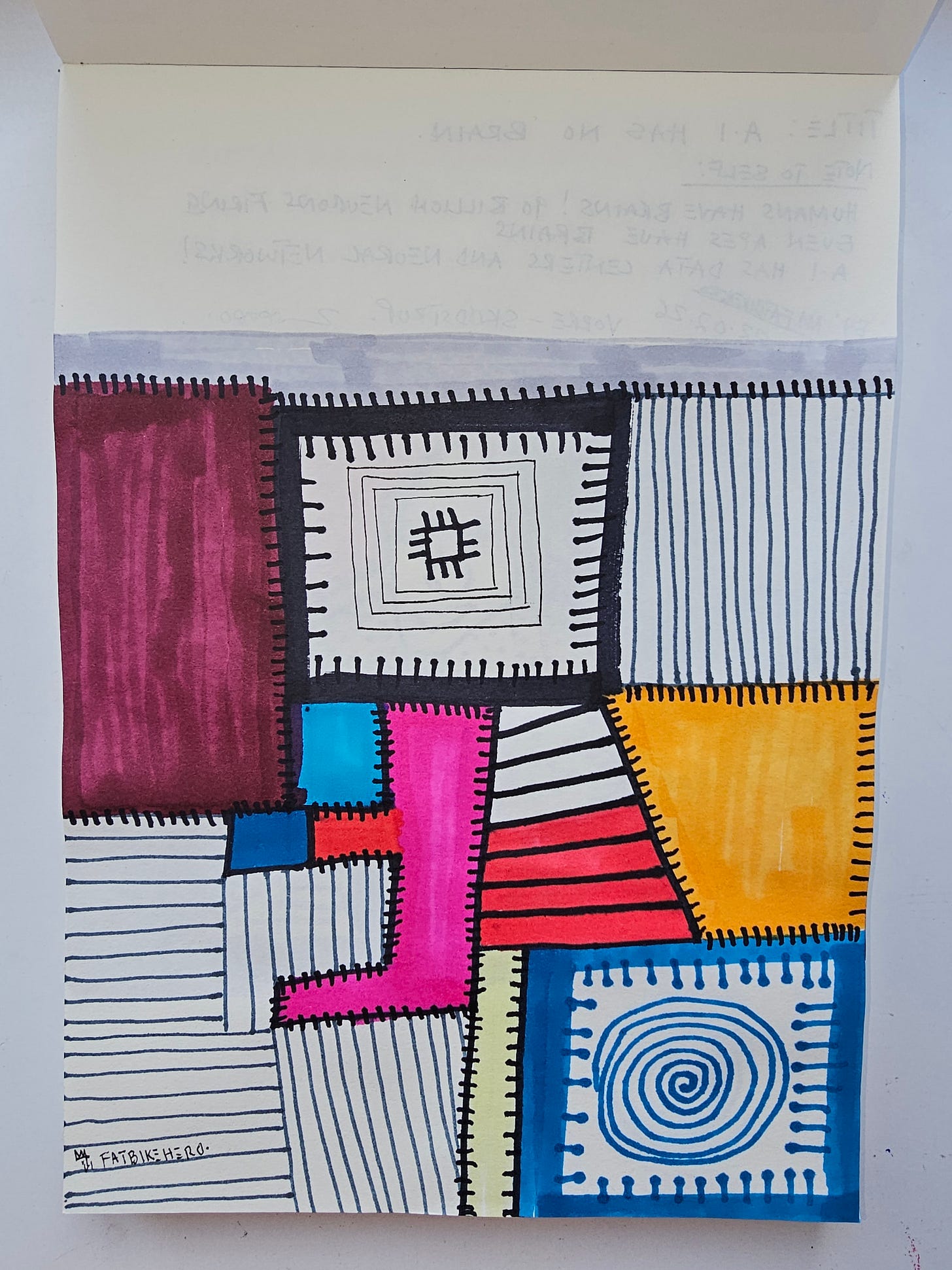 Geometric abstract artwork with stitched black borders, spiral motif, and processor-like square, in magenta, yellow, blue, and red blocks. Geometric abstract artwork with stitched black borders, spiral motif, and processor-like square, in magenta, yellow, blue, and red blocks.