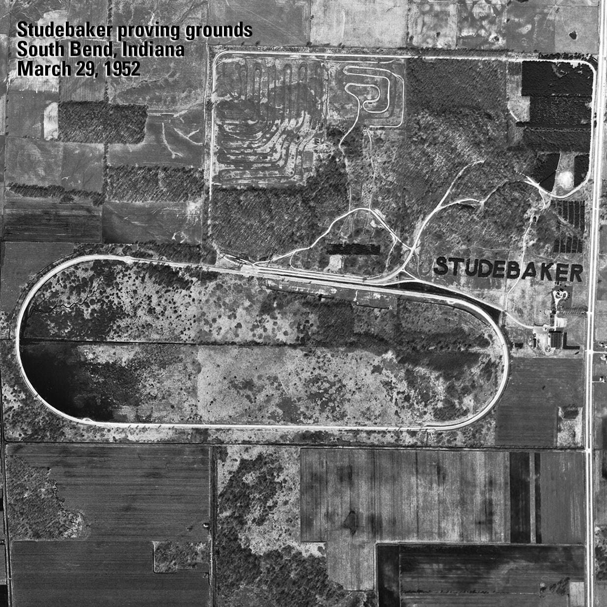 Black and White aerial photo of Studebaker proving ground, circa 1952