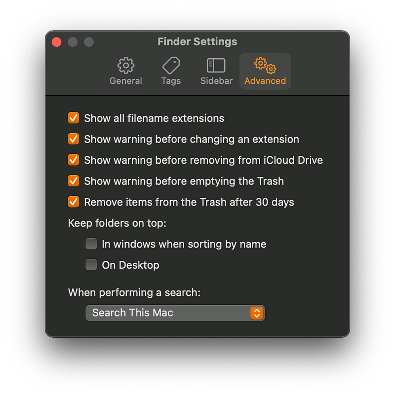 Finder settings on MacOS
