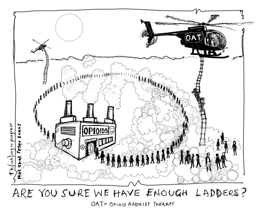 Cartoon of opioid users being rescued by helicopters - but there aren't enough ladders or helicopters to help everyone.