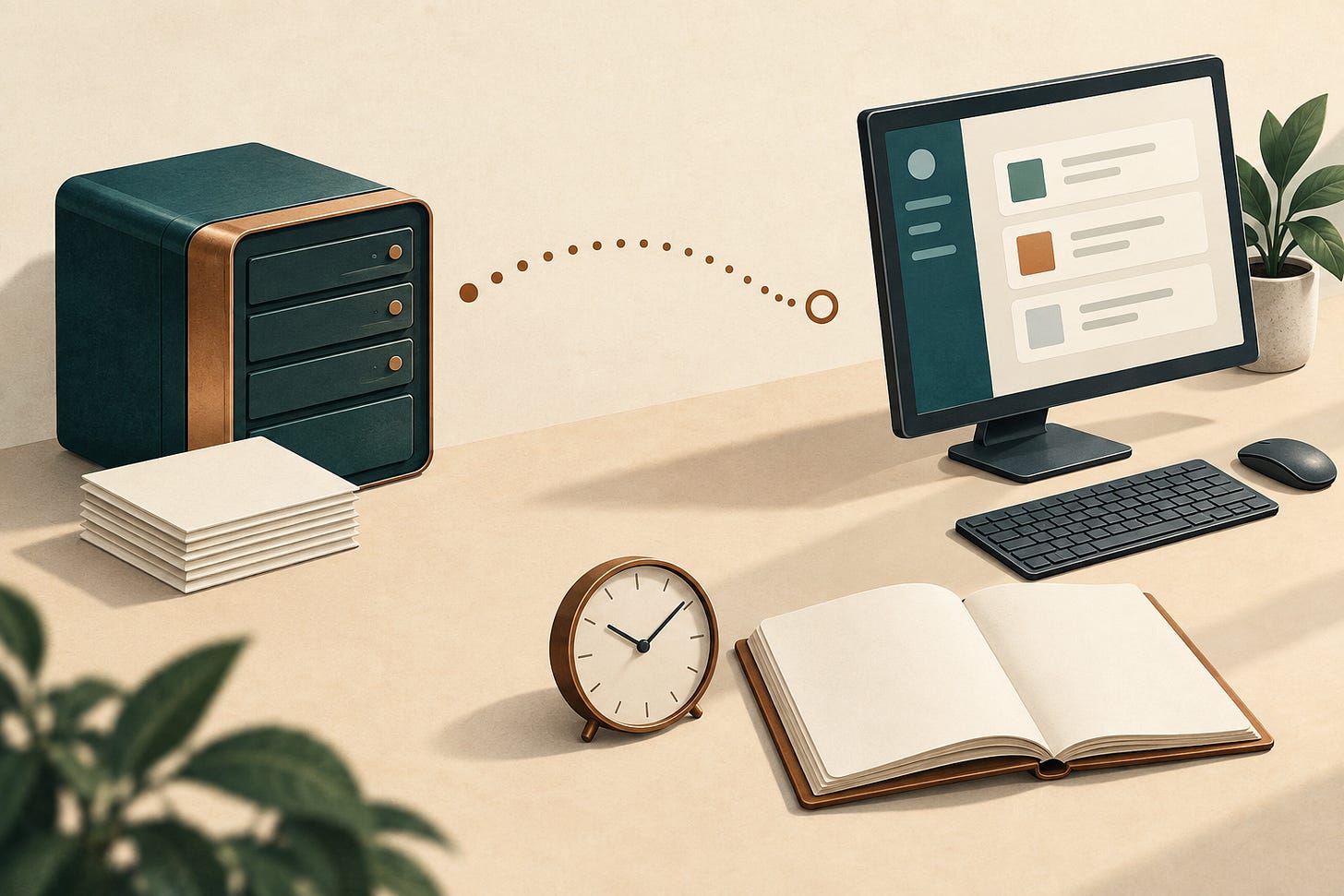 Conceptual illustration of a storage device, a workstation, a clock and an open notebook.