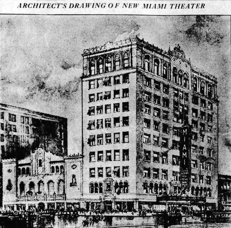 John Eberson’s architectural rendering of the Miami Theater and Office Building published in the Miami Herald on September 7, 1924.